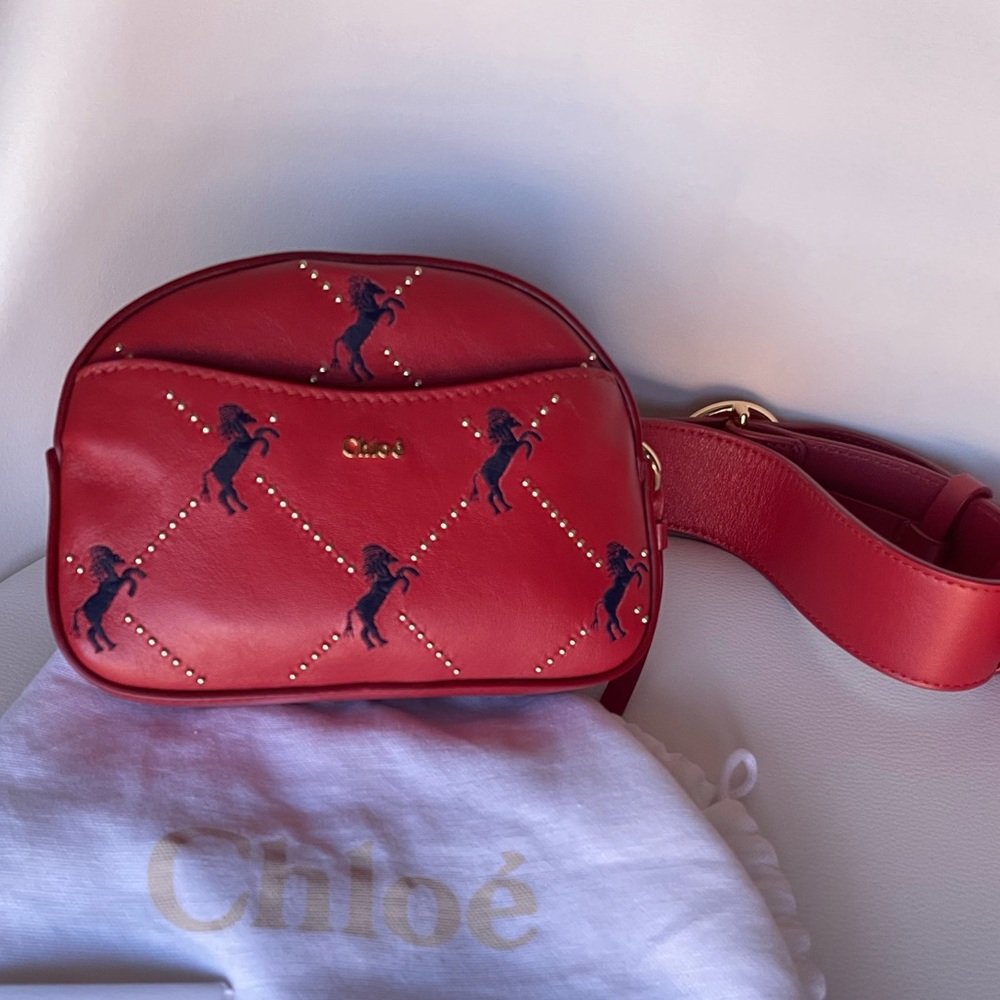 CHLOE WOMEN'S EARTHY RED LEATHER STUDDED WITH EMBROIDERED HORSES BELT BAG